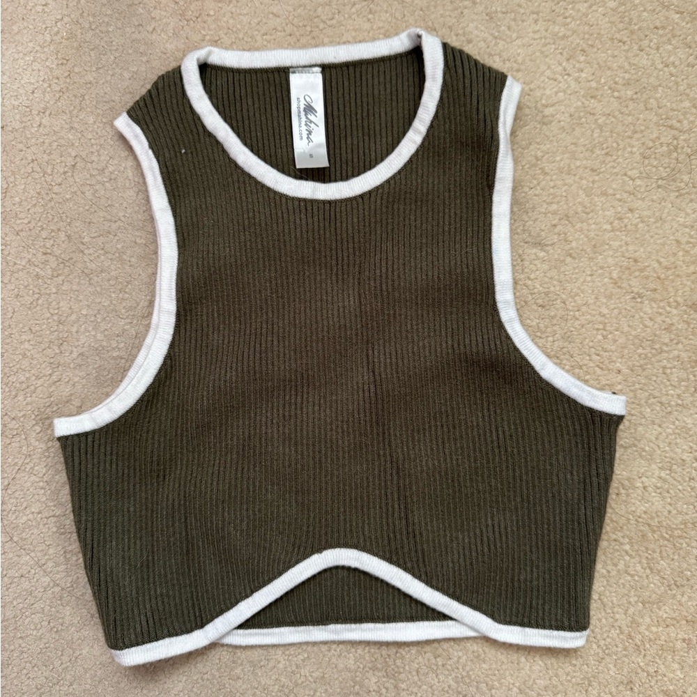 Mahina Olive Ribbed Crop Top with White Trim